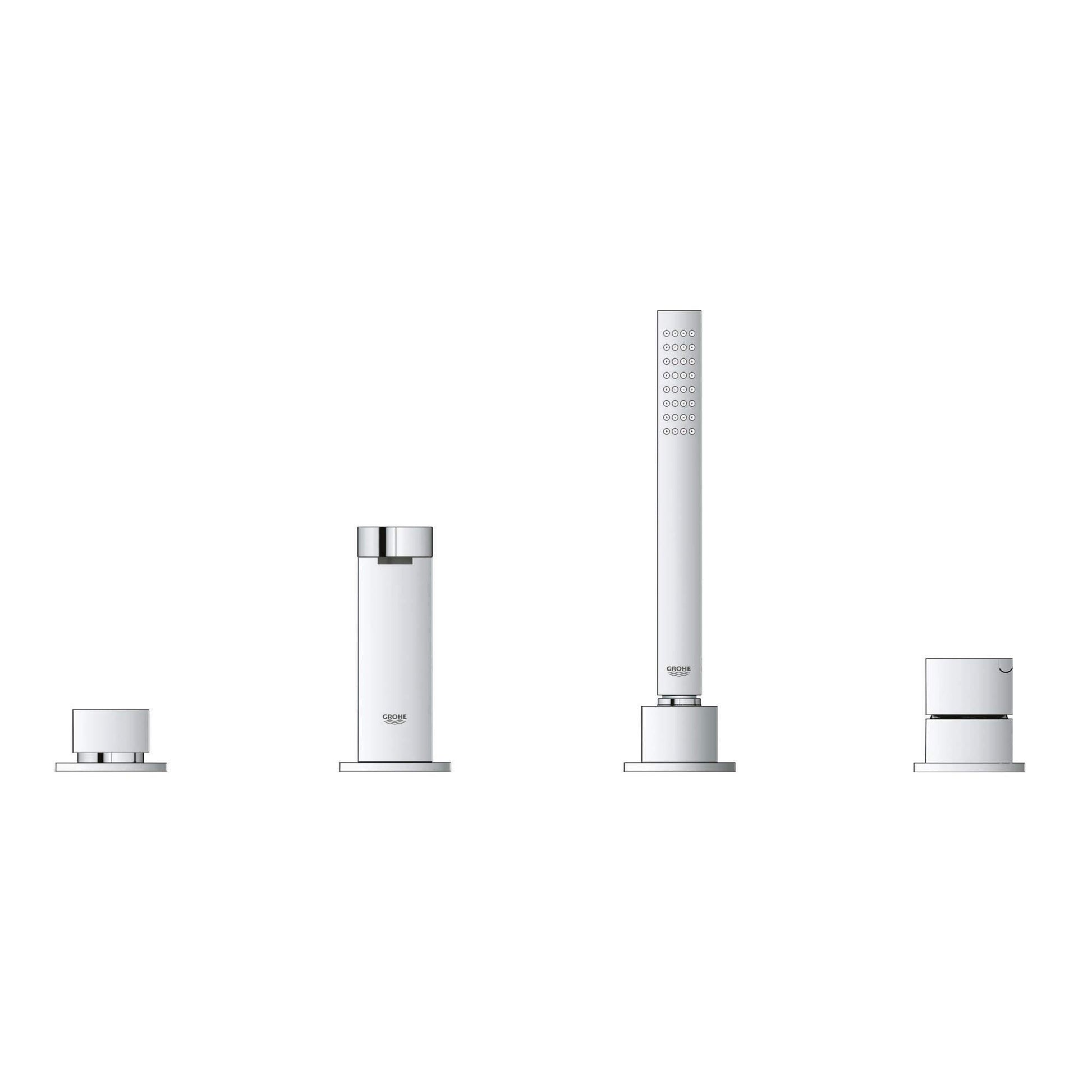 Chrome four-piece Roman tub faucet set with single handle, spout, hand shower, and deck-mounted components.