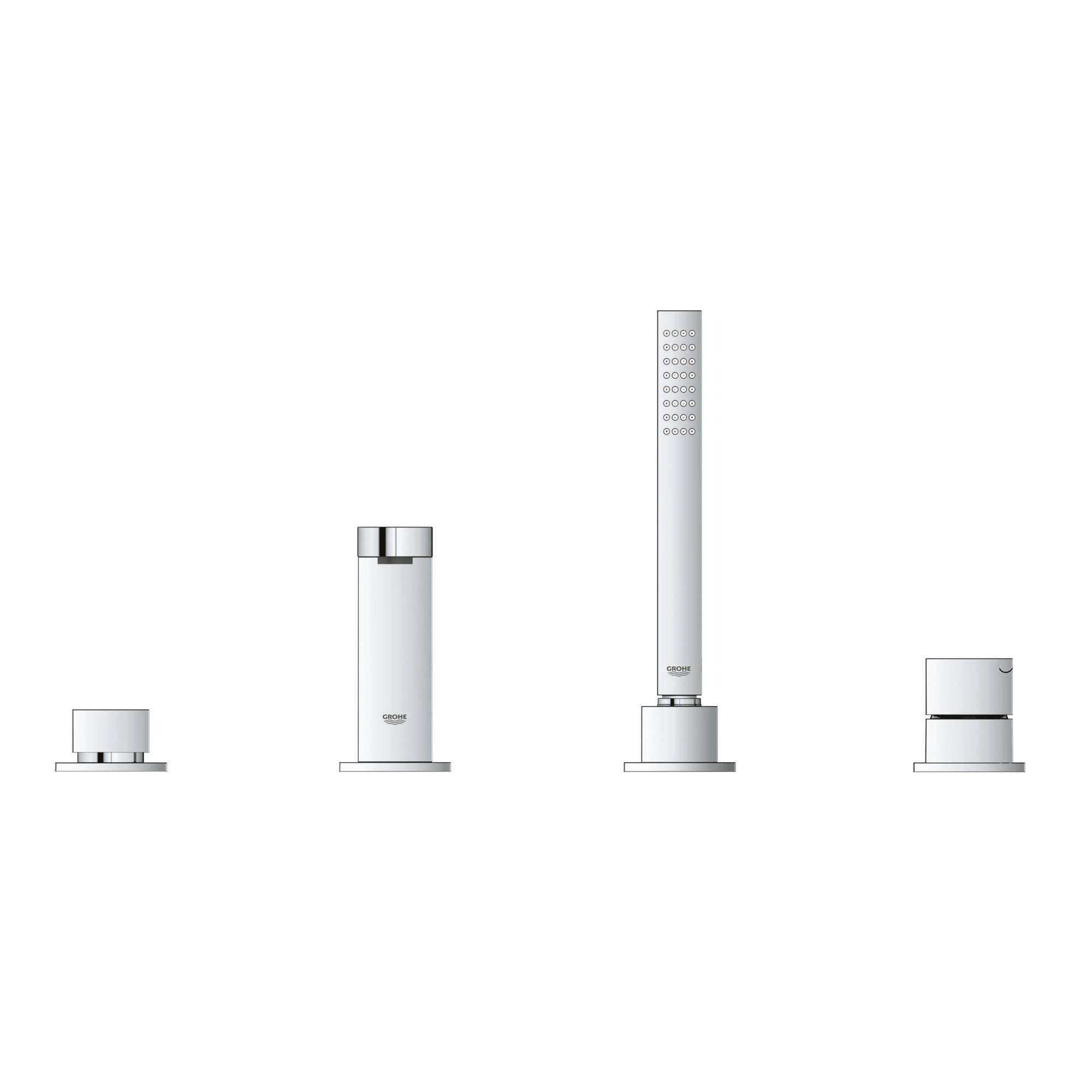 Chrome four-piece Roman tub faucet set with single handle, spout, hand shower, and deck-mounted components.