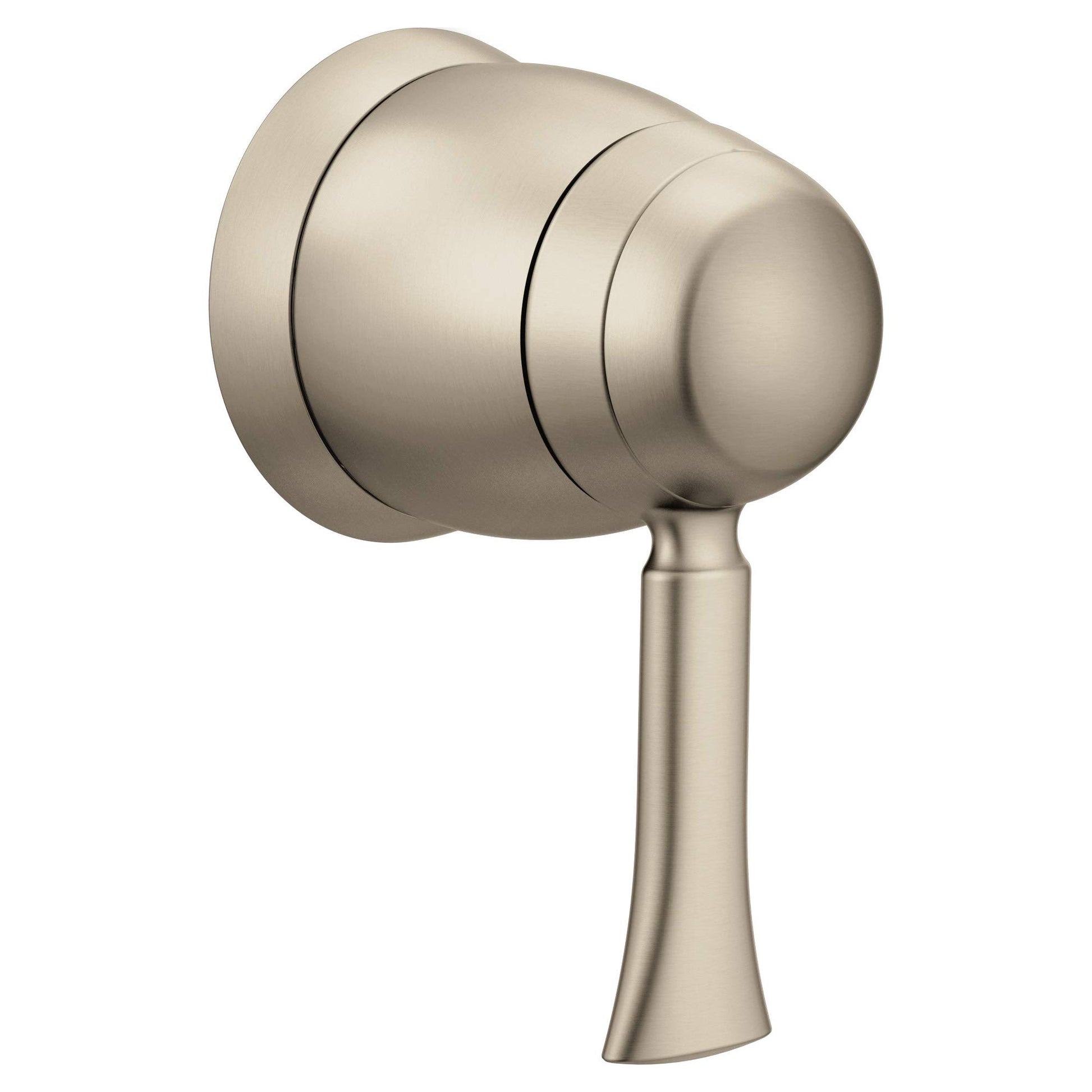 Brushed nickel volume control valve trim with rounded lever handle and cylindrical body.