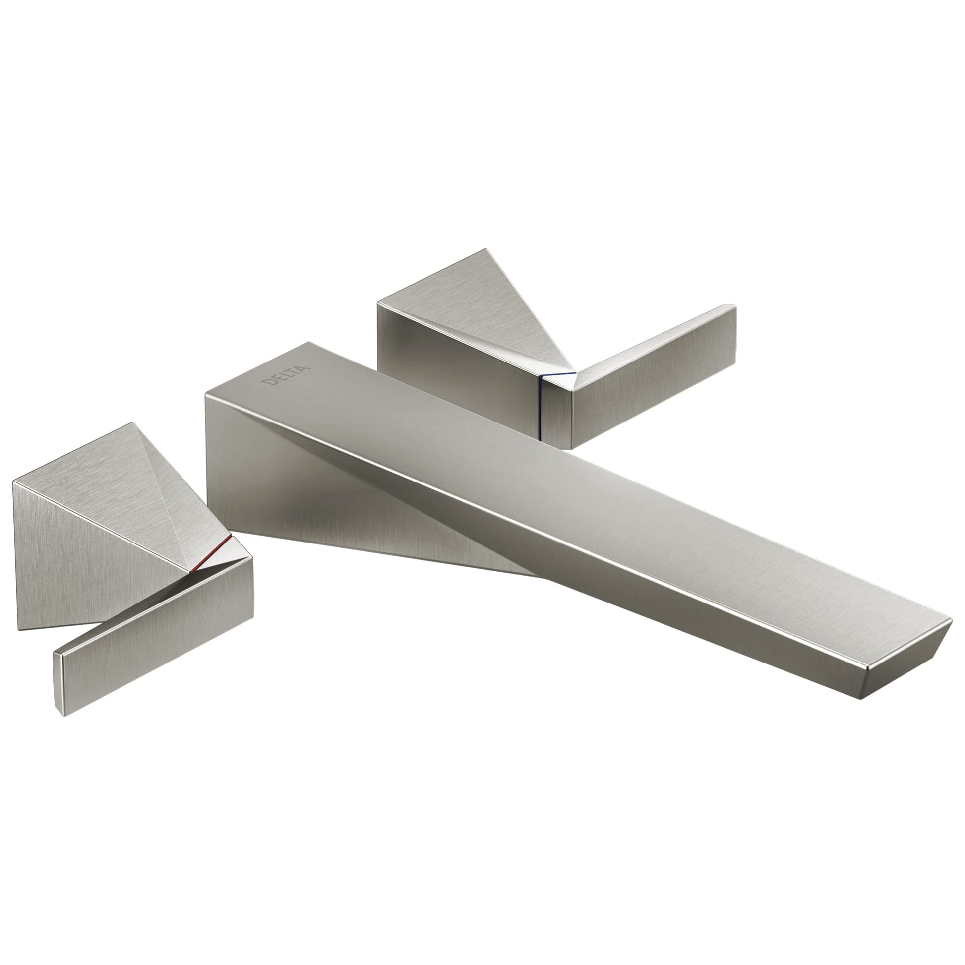 Brushed nickel wall-mounted tub filler trim with geometric spout and lever handles in angular design.