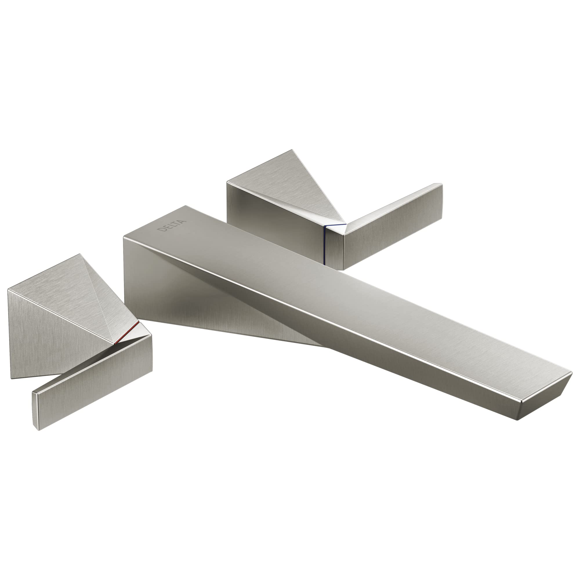 Brushed nickel wall-mounted tub filler trim with geometric spout and lever handles in angular design.