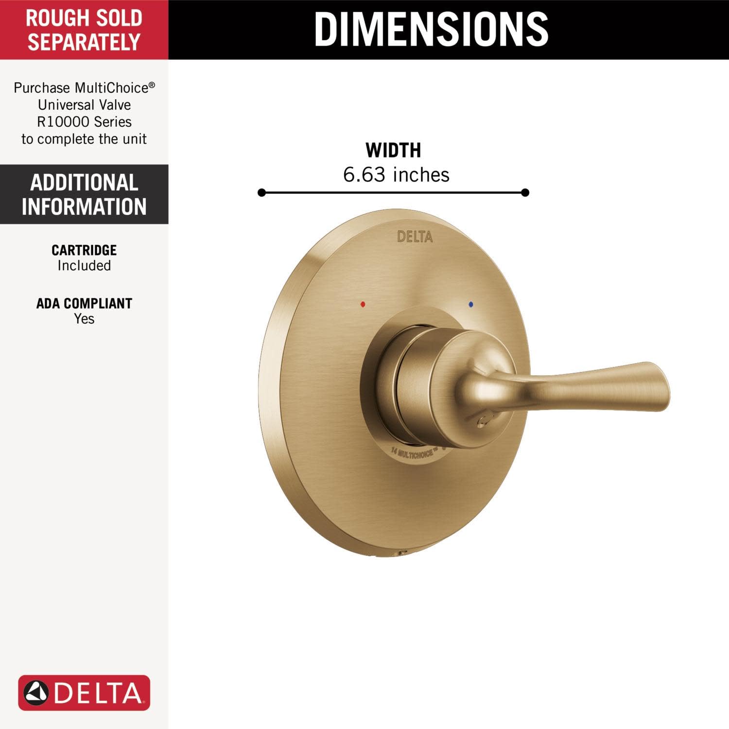 Champagne bronze round valve trim with single lever handle, 6.63 inches wide.