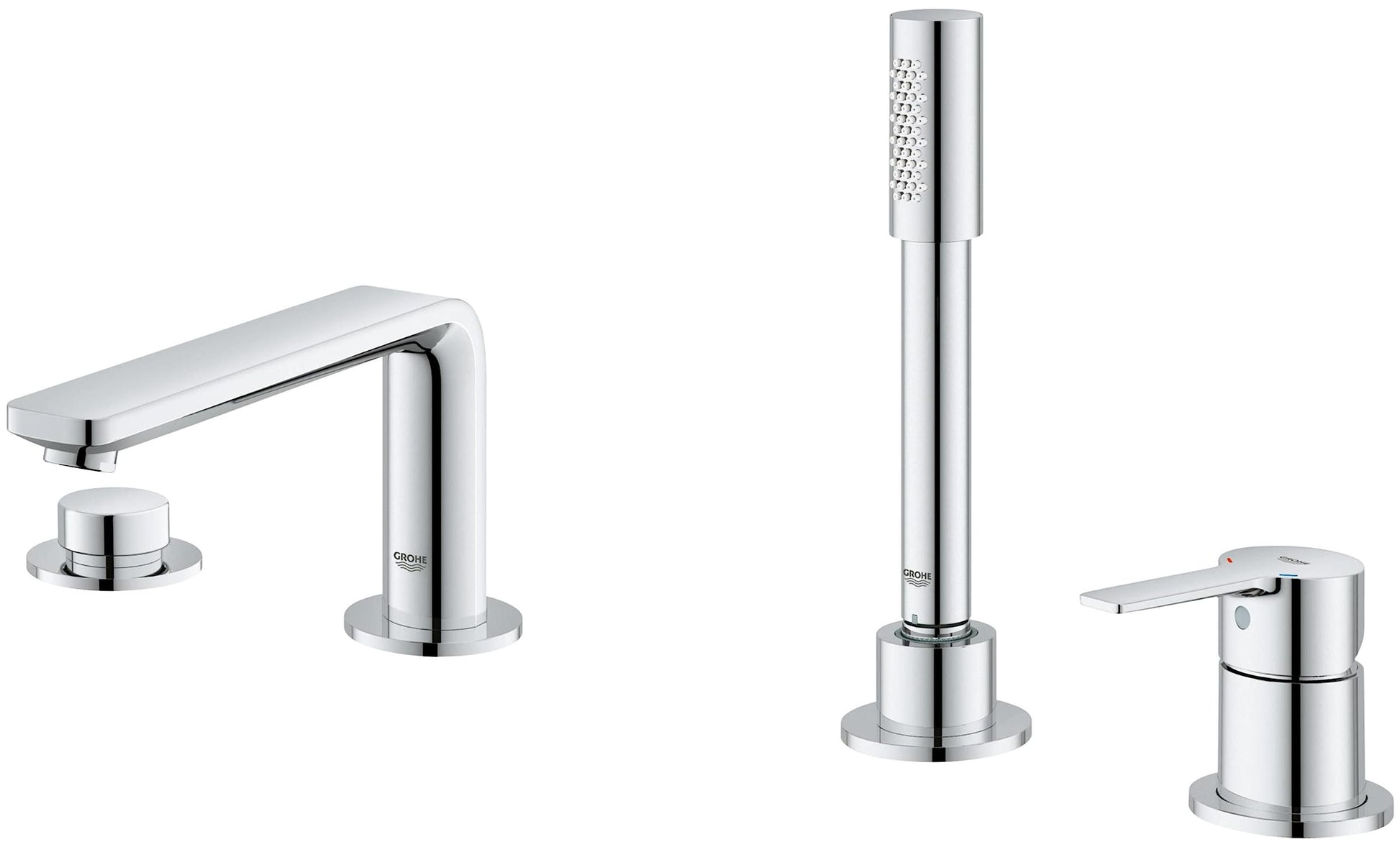 Chrome roman tub faucet set with single handle, spout, tall hand shower, and two control knobs.