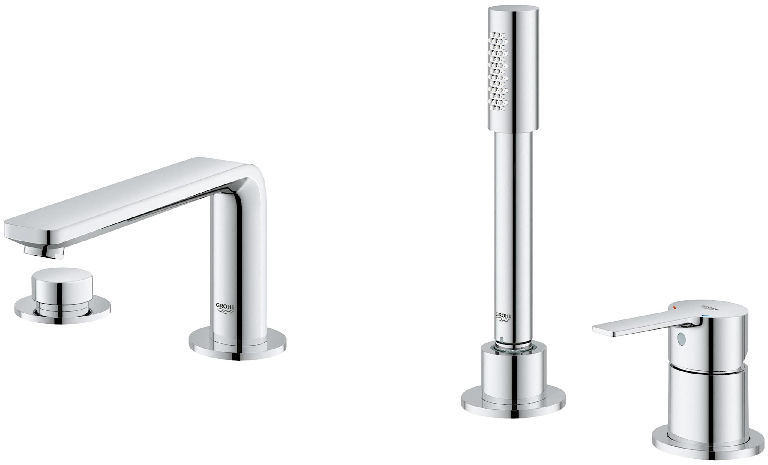 Chrome roman tub faucet set with single handle, spout, tall hand shower, and two control knobs.