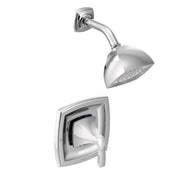Chrome shower trim kit with square showerhead and curved arm mounted on wall, featuring matching lever handle valve trim belo