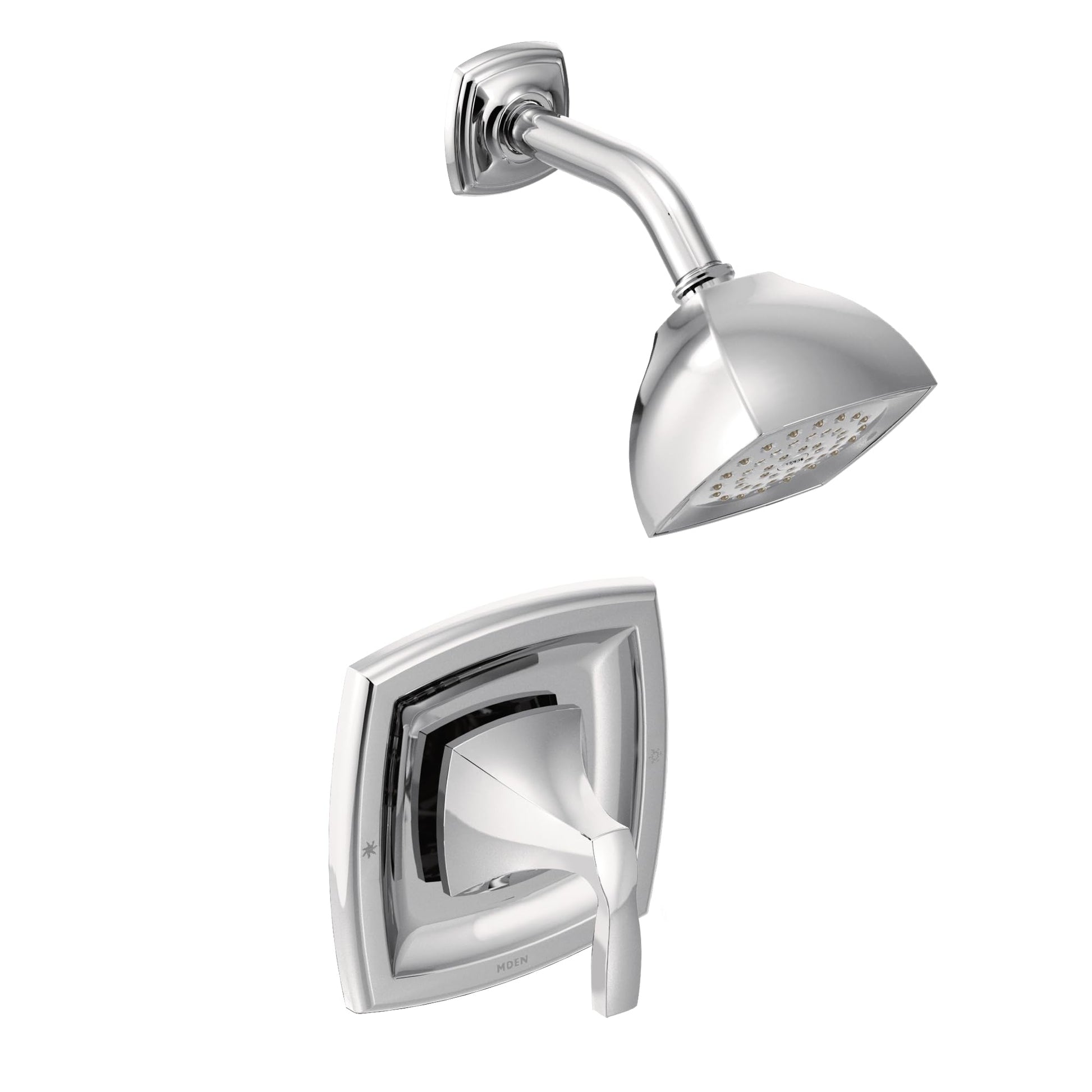 Chrome shower trim kit with square showerhead and curved arm mounted on wall, featuring matching lever handle valve trim belo