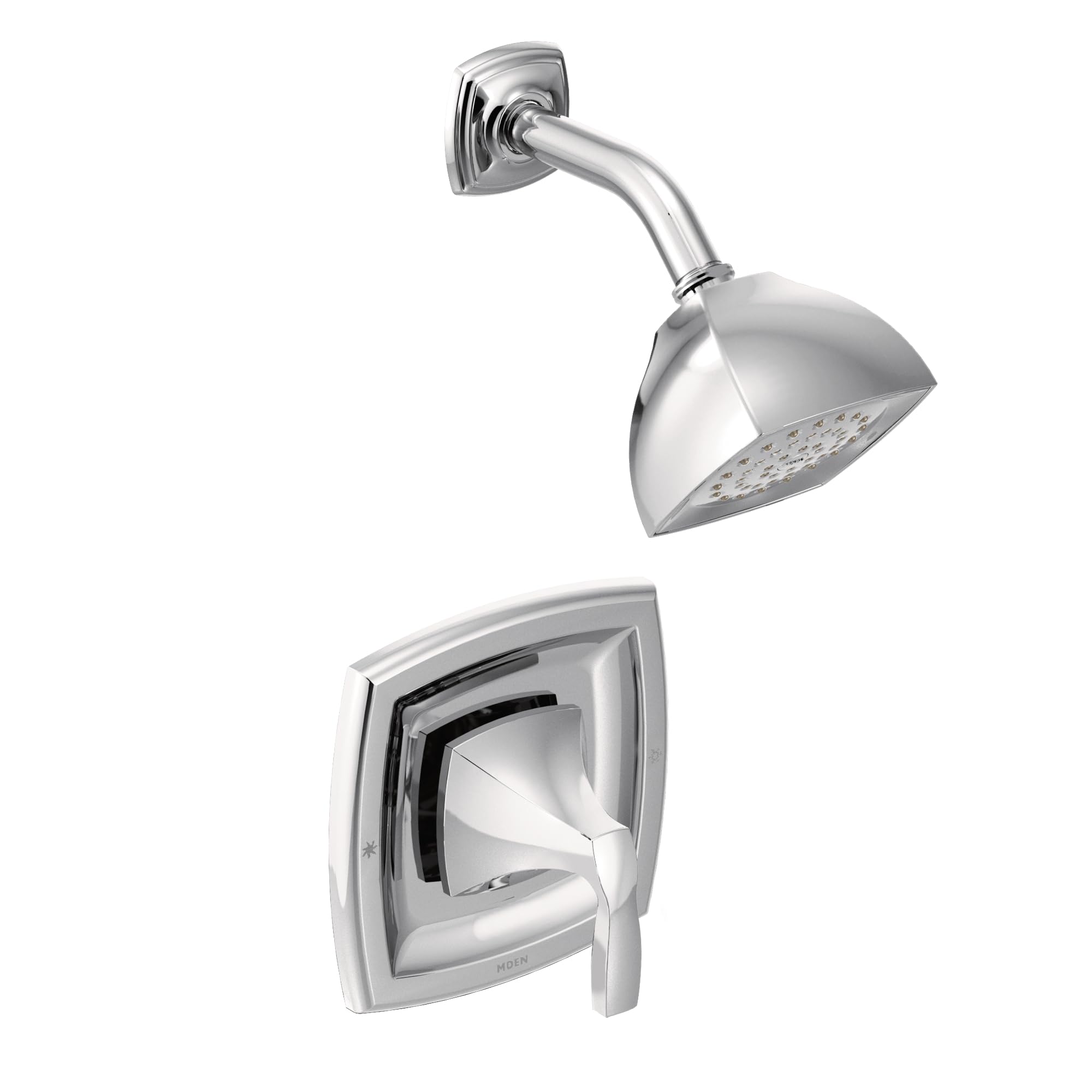 Chrome shower trim kit with square showerhead and curved arm mounted on wall, featuring matching lever handle valve trim belo