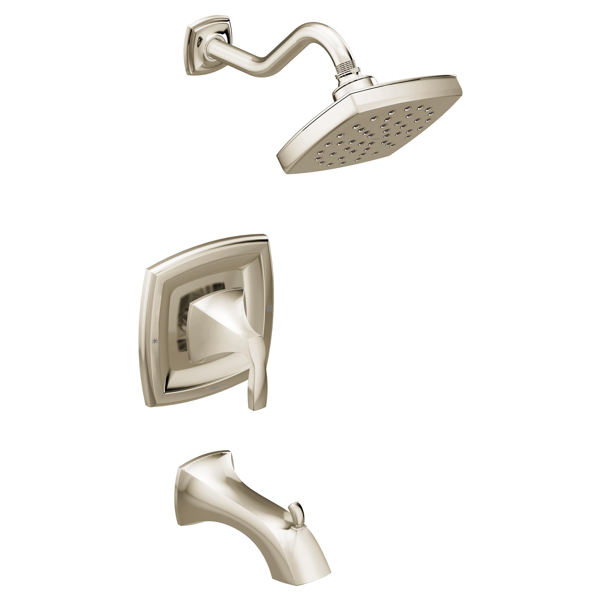 Polished nickel tub and shower trim kit with square showerhead, curved arm, volume control handle, and tub spout.