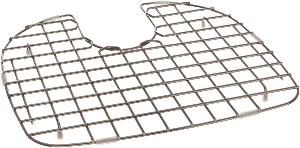 Stainless steel bottom grid with rectangular grid pattern and curved edges for sink basin.
