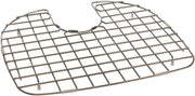Stainless steel bottom grid with rectangular grid pattern and curved edges for sink basin.