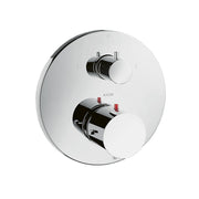 Chrome thermostatic shower trim with round escutcheon plate, upper volume control knob, and lower diverter handle with red in