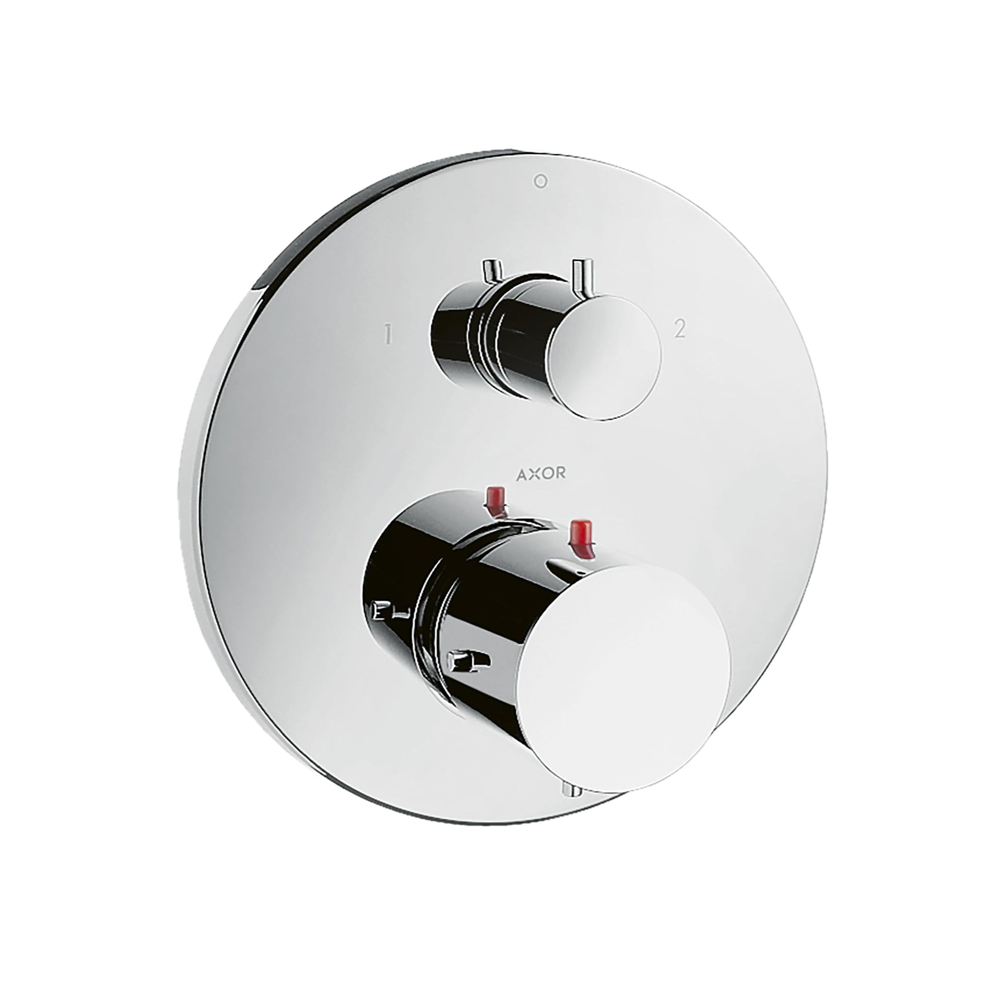 Chrome thermostatic shower trim with round escutcheon plate, upper volume control knob, and lower diverter handle with red in