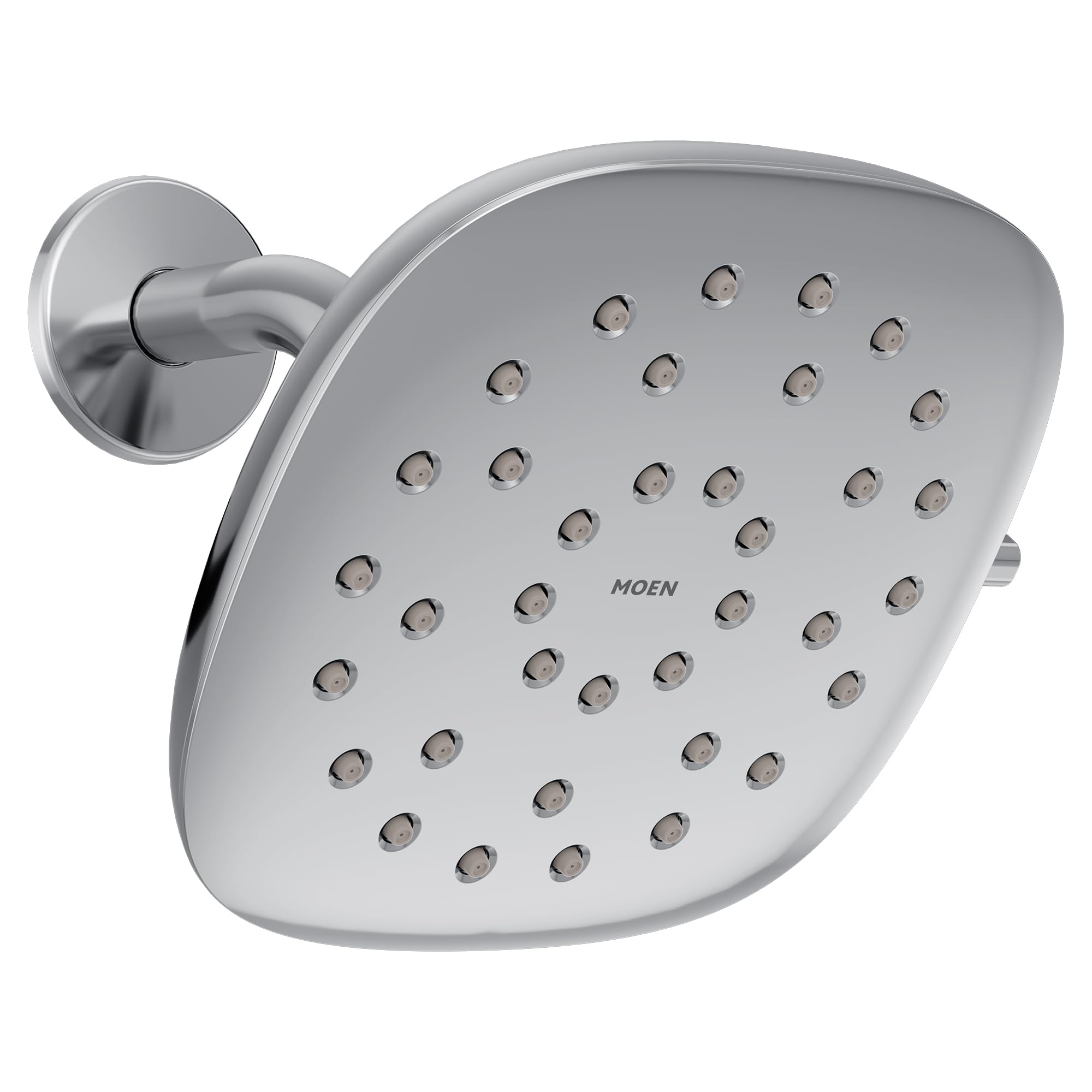 Chrome square rain shower head with multiple spray jets mounted on adjustable arm.