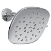 Chrome square rain shower head with multiple spray jets mounted on circular wall bracket.