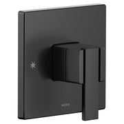 Moen Degree M CORE matte black single-handle valve trim with square backplate and lever handle.