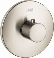 Brushed nickel round thermostatic shower trim with circular handle and AXOR hansgrohe branding on escutcheon plate.
