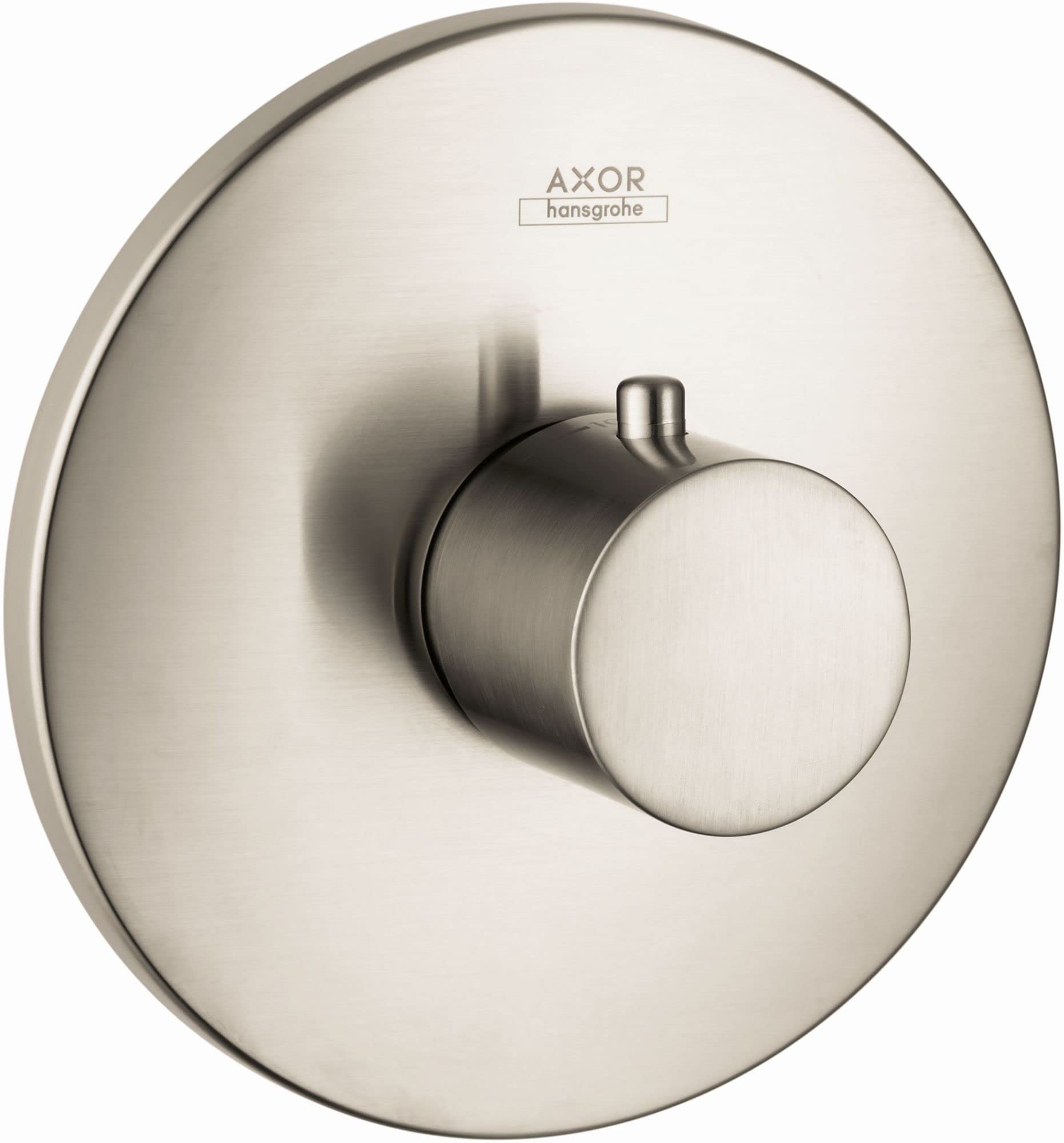 Brushed nickel round thermostatic shower trim with circular handle and AXOR hansgrohe branding on escutcheon plate.
