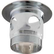 Chrome drain assembly with cylindrical body, threaded base connection, and circular flange top with two rectangular openings.