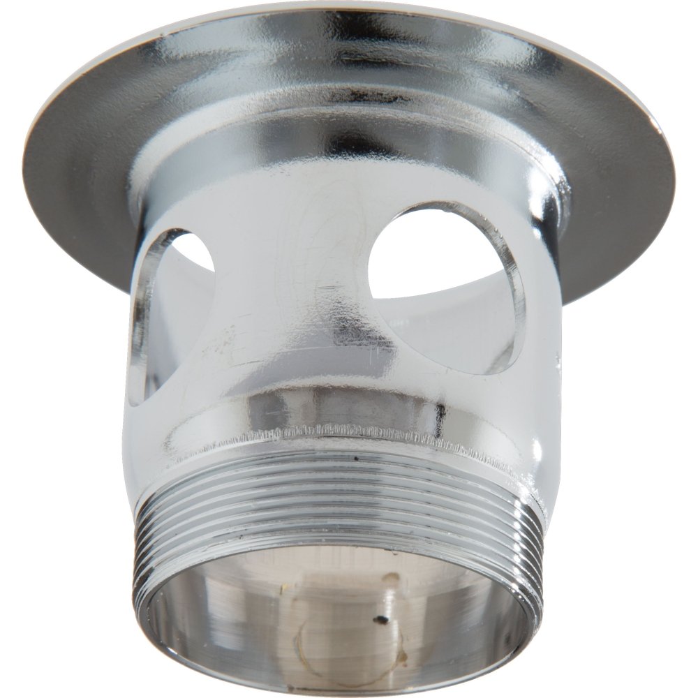 Chrome drain assembly with cylindrical body, threaded base connection, and circular flange top with two rectangular openings.