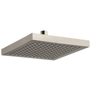 Square stainless steel raincan shower head with multiple spray holes and ceiling mount connection.
