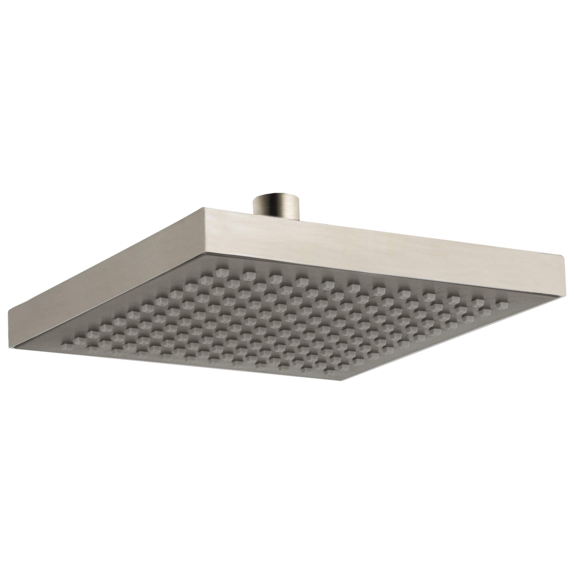 Square stainless steel raincan shower head with multiple spray holes and ceiling mount connection.