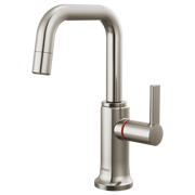 Stainless steel instant hot faucet with square spout, pull-down spray, and single lever handle.
