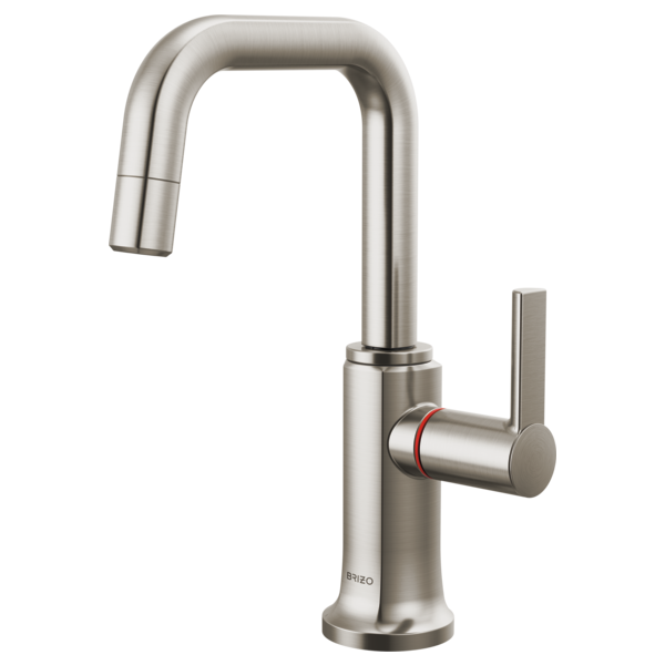 Stainless steel instant hot faucet with square spout, pull-down spray, and single lever handle.
