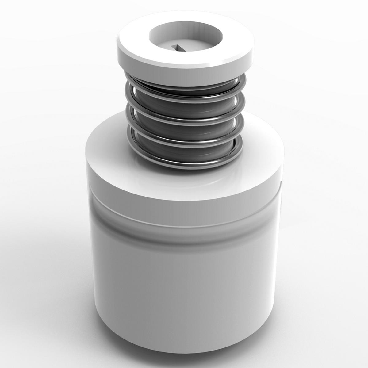 White cylindrical Elkay regulator with stacked black metal coils and spring mechanism visible inside the top opening.