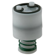 Elkay regulator with white cylindrical body, black top ring with two white adjustment knobs, and green coiled spring at base.