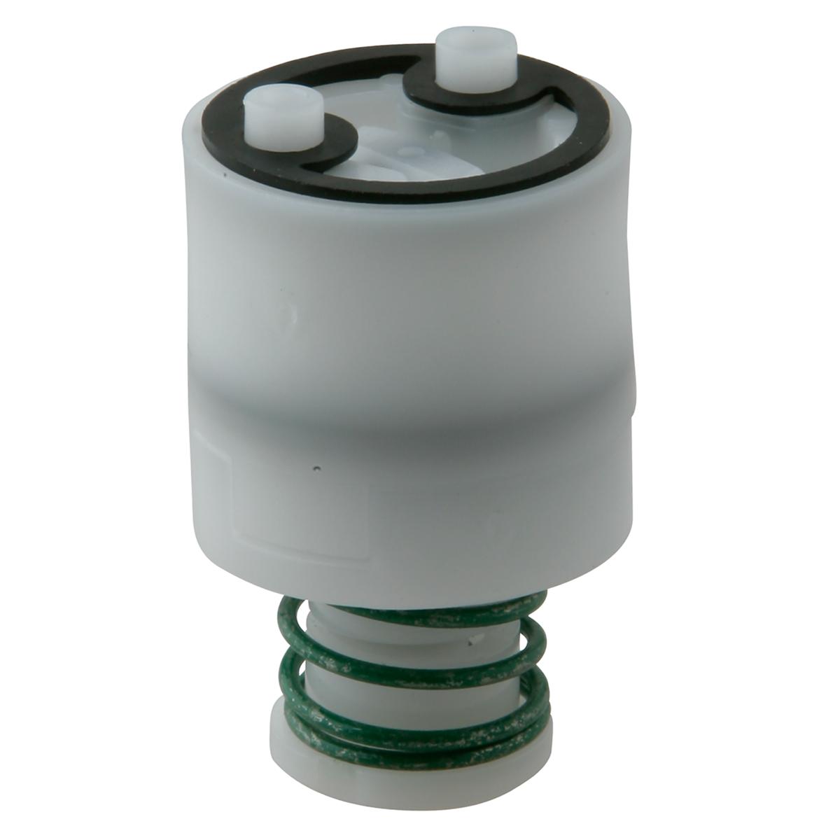 Elkay regulator with white cylindrical body, black top ring with two white adjustment knobs, and green coiled spring at base.