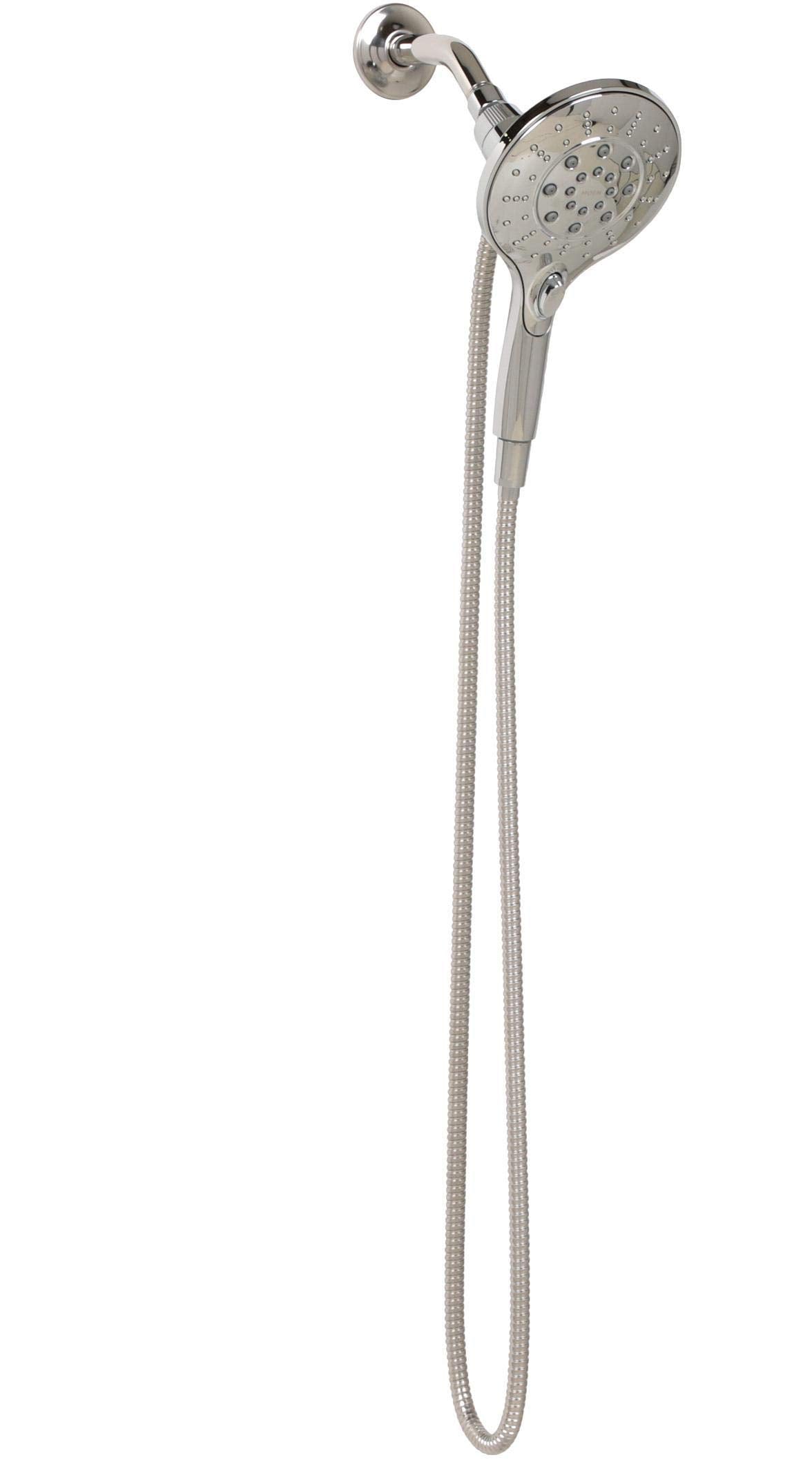 Chrome handheld showerhead with perforated face mounted on wall bracket, connected to flexible hose.