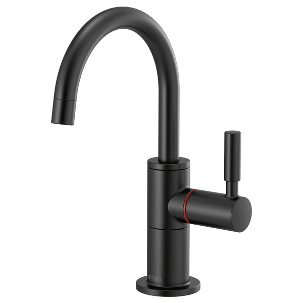 Black kitchen faucet with curved arc spout and side lever handle on round base.
