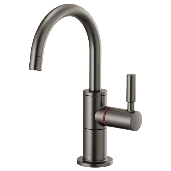 Brushed stainless steel instant hot faucet with high curved arc spout and side lever handle.