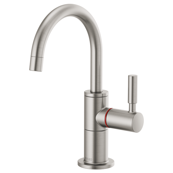 Brushed stainless steel instant hot faucet with curved arc spout and side lever handle.