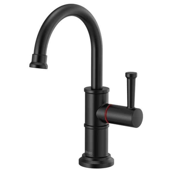 Black single-handle kitchen faucet with curved spout and side lever control.