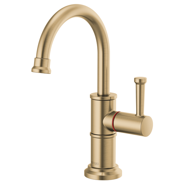 Brushed gold single-handle instant hot faucet with curved spout and red accent ring on lever handle.