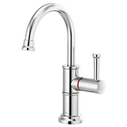 Chrome instant hot faucet with high curved spout, side handle, and red accent ring on body.