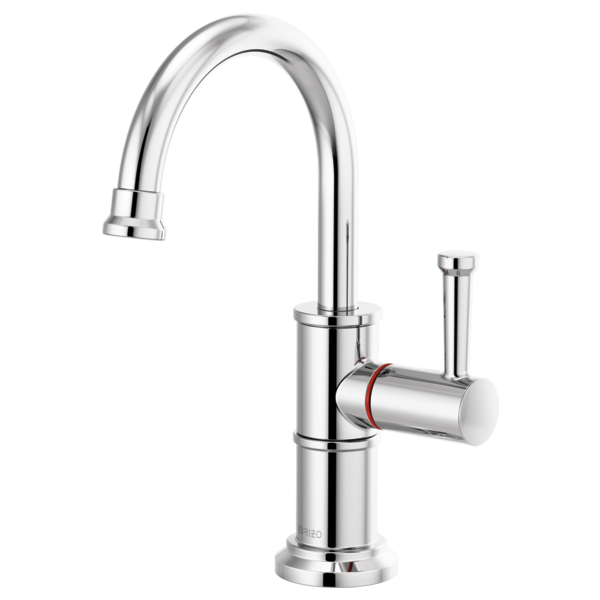 Chrome instant hot faucet with high curved spout, side handle, and red accent ring on body.