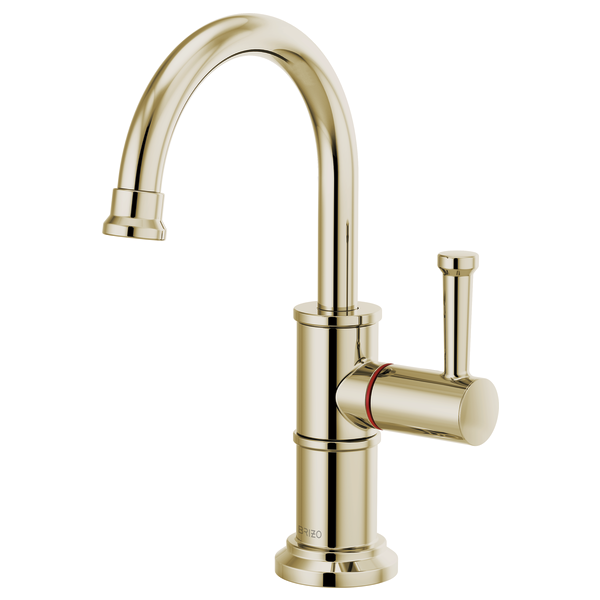 Polished brass single-handle instant hot faucet with curved spout and red accent band on lever.