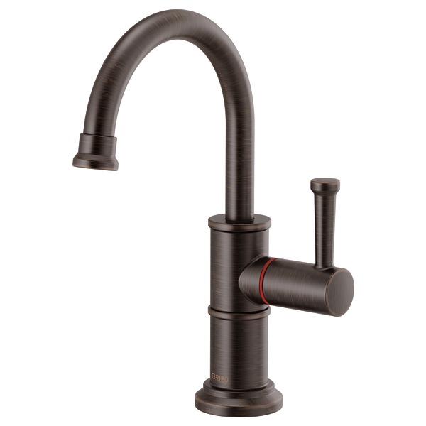 Bronze instant hot water faucet with curved spout and side lever handle.