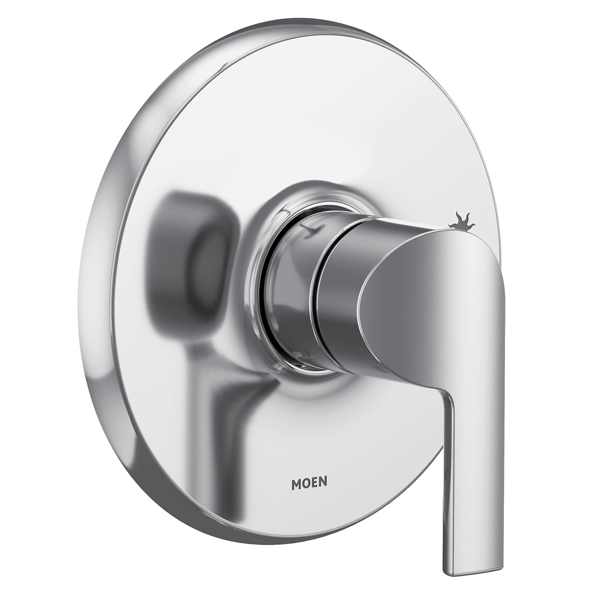 Chrome shower trim kit with single lever handle and round escutcheon plate.