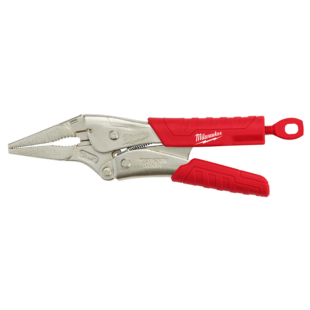 Milwaukee TORQUE LOCK long nose locking pliers with red grip handles and adjustment screw.