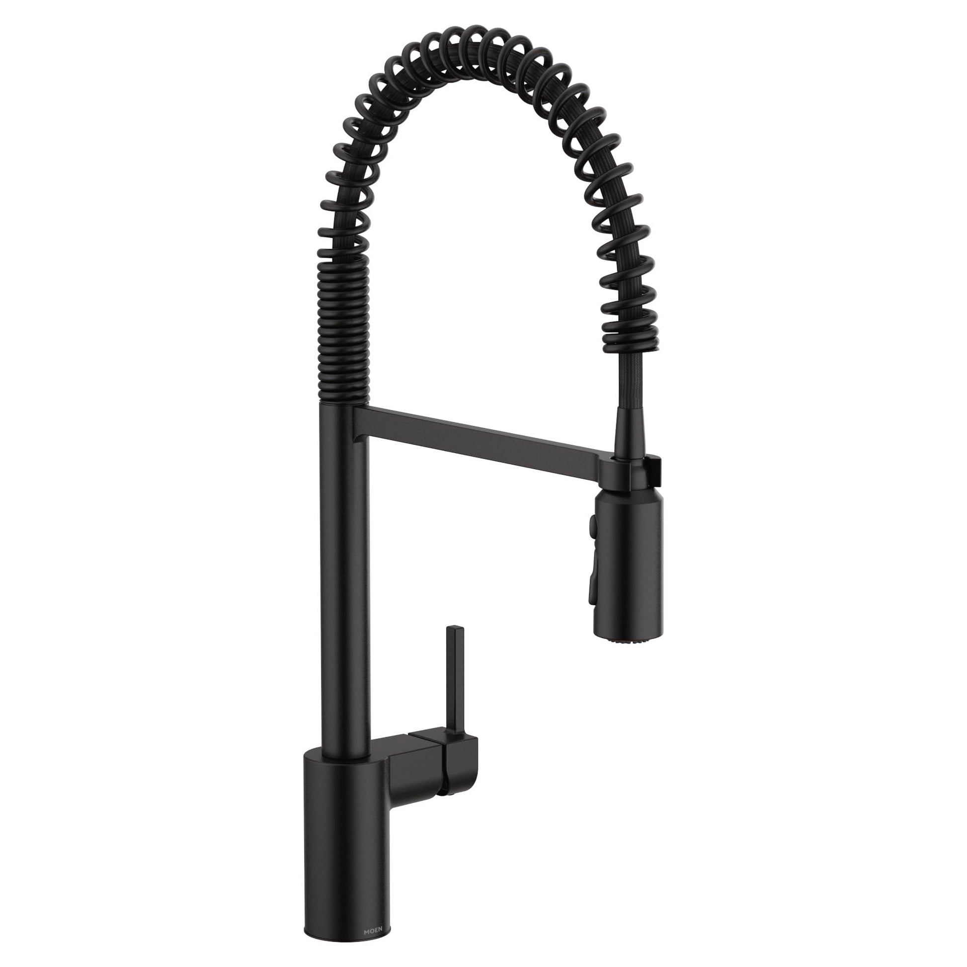 Matte black pulldown kitchen faucet with coiled spring hose and single lever handle.