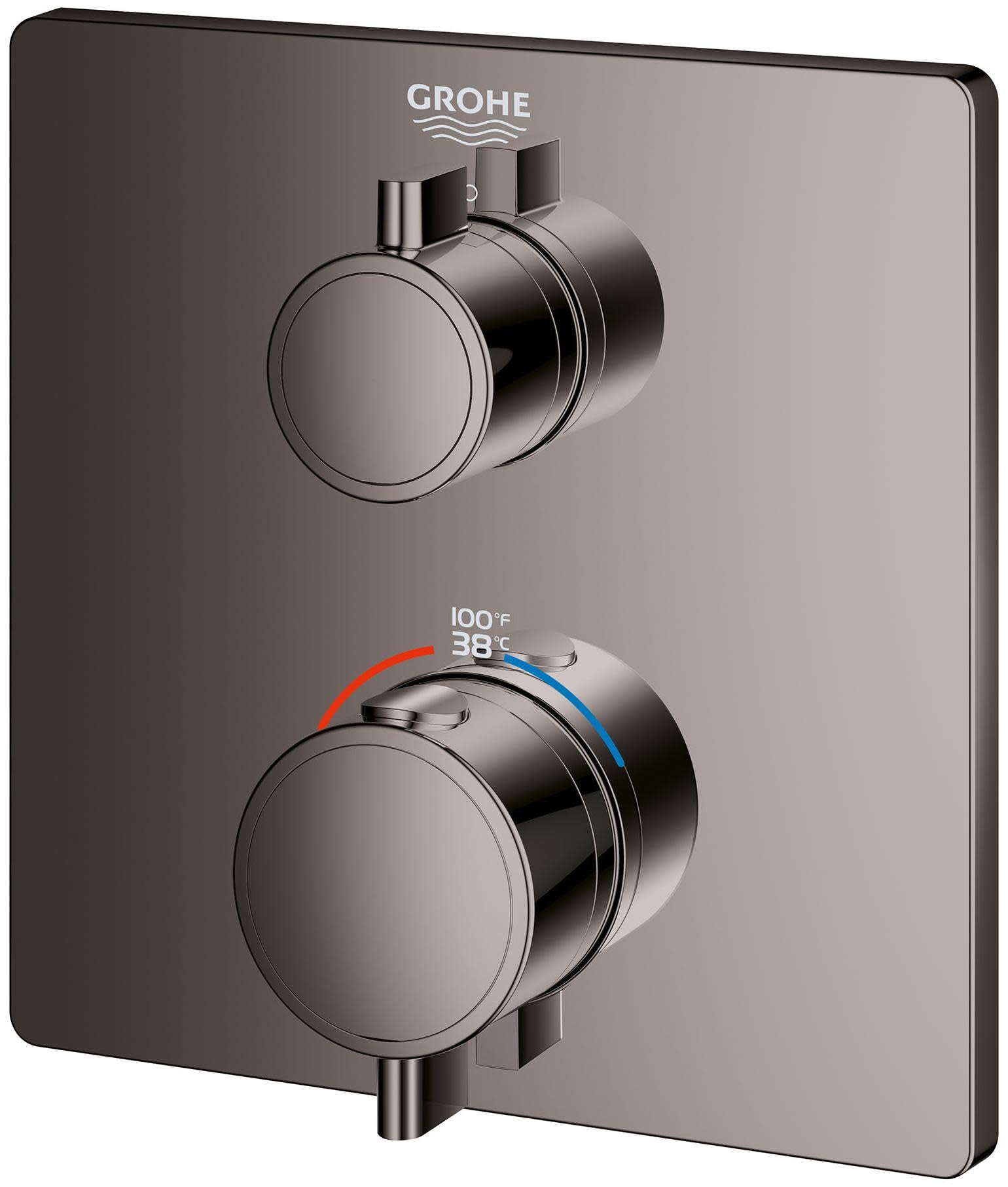 Matte black Grohe thermostatic valve trim with two circular handles and temperature display showing 100°F and 38°C.