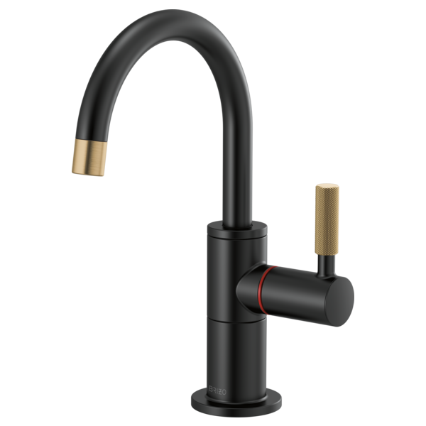 Black instant hot faucet with curved spout, knurled brass handle, and red accent ring on cylindrical body.