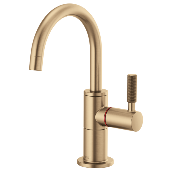 Champagne bronze instant hot water faucet with curved arc spout and knurled side handle.