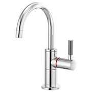 Chrome instant hot faucet with curved arc spout and knurled side handle with red accent band.