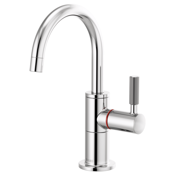 Chrome instant hot faucet with curved arc spout and knurled side handle with red accent band.