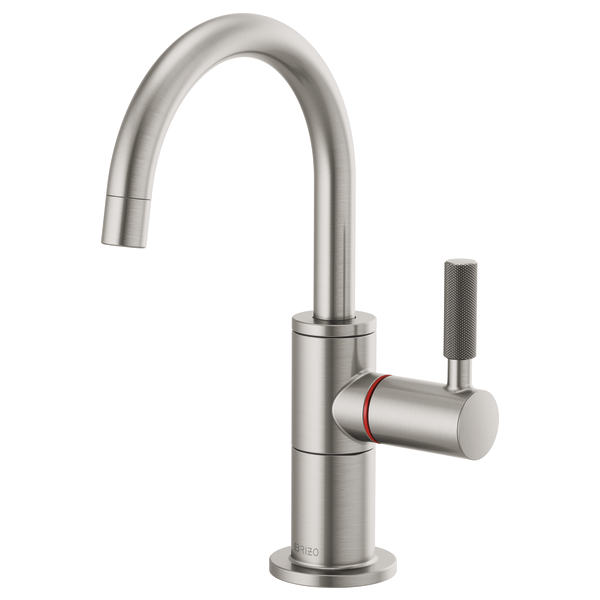 Brushed stainless steel instant hot faucet with curved arc spout and knurled side handle.