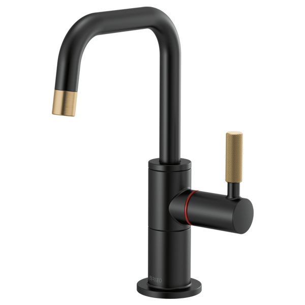 Black instant hot faucet with square spout, brass trim accents, and knurled side handle on round base.